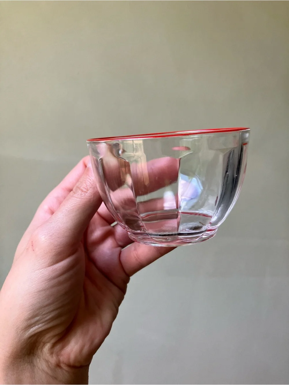 Duralex | Vintage 1950s MCM Red Rim Punch Bowl Set with 6 Clear Glass Cups